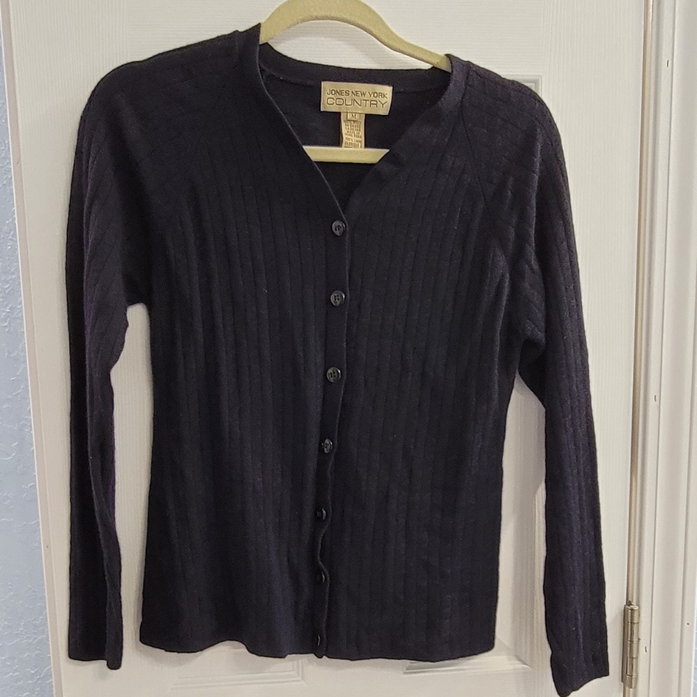 Jones New York Navy Wool Button Up Sweater